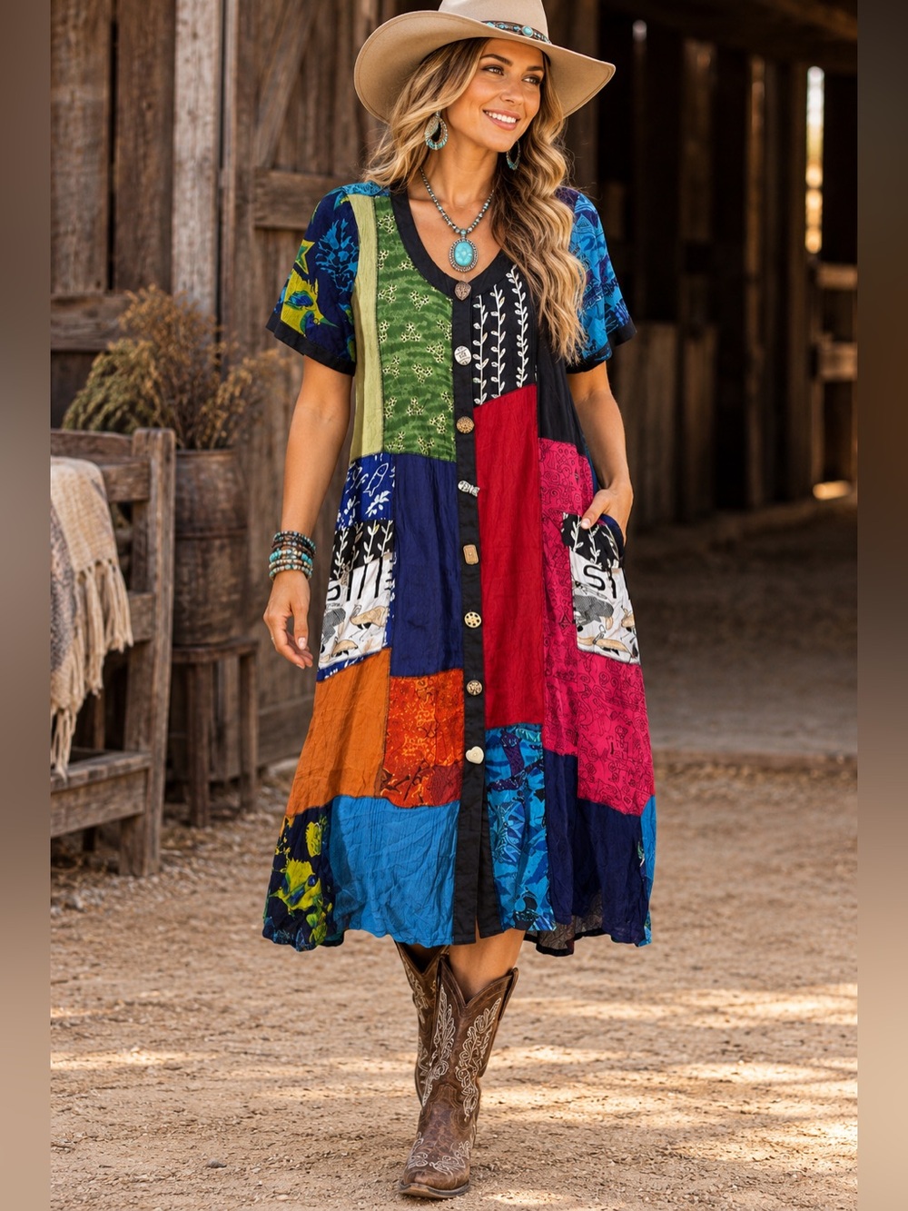 La Cera Patchwork Boho Button Front Maxi Dress Artsy Sz Small